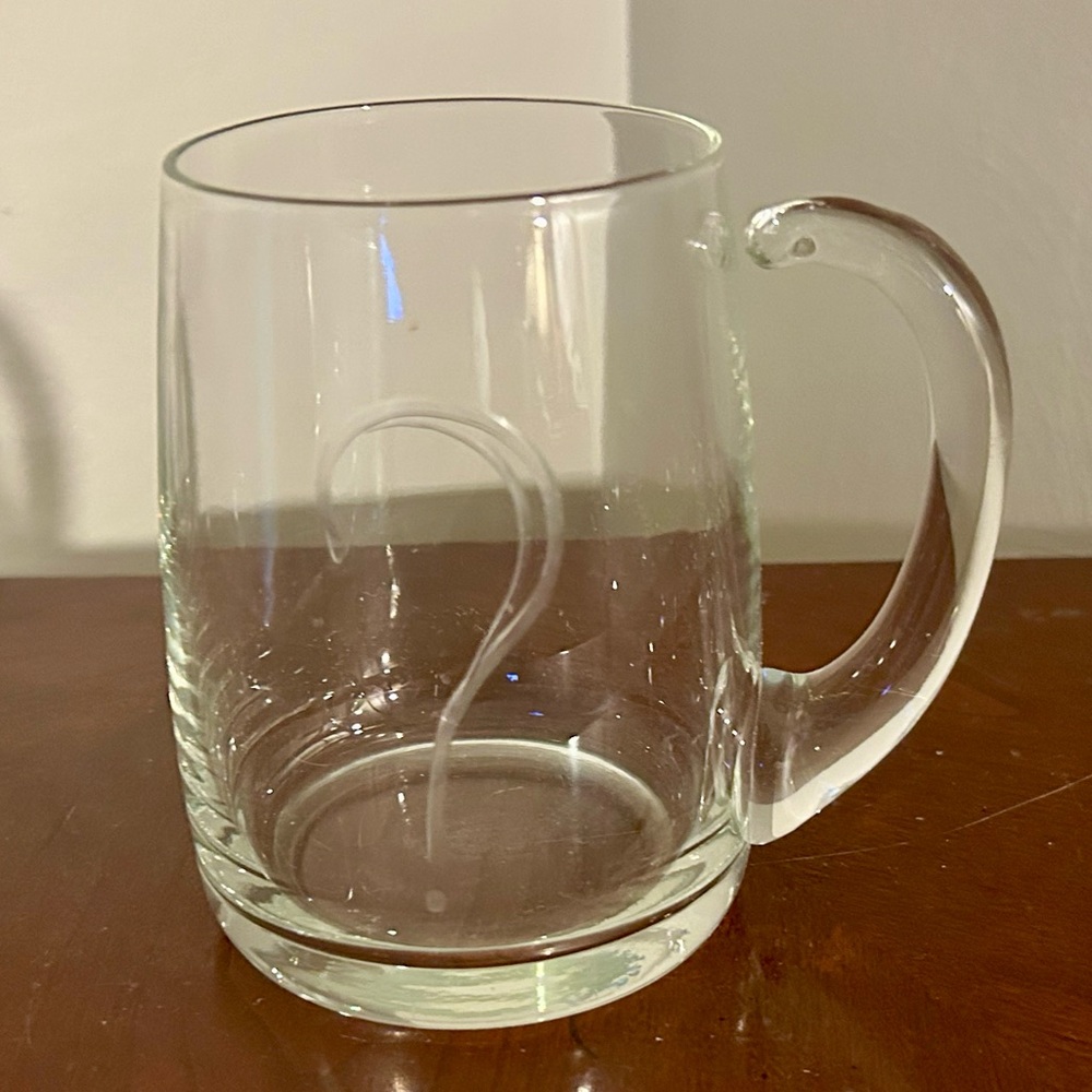1970s Clear Glass Beer Mug Applied Handle & Etched Question Mark Riddler Batman